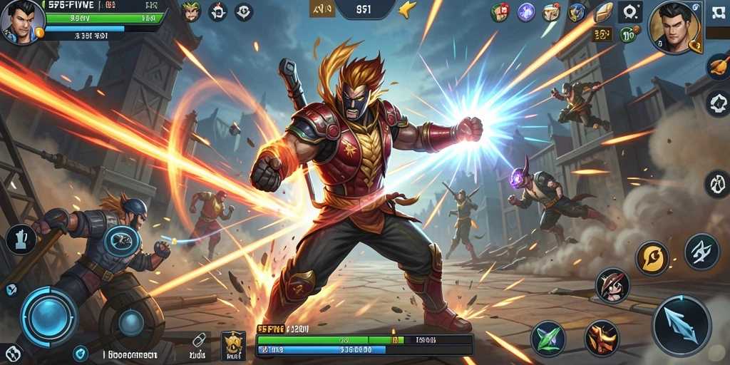 Screenshot gameplay dari 55FIVE menampilkan pertarungan yang mendebarkan.