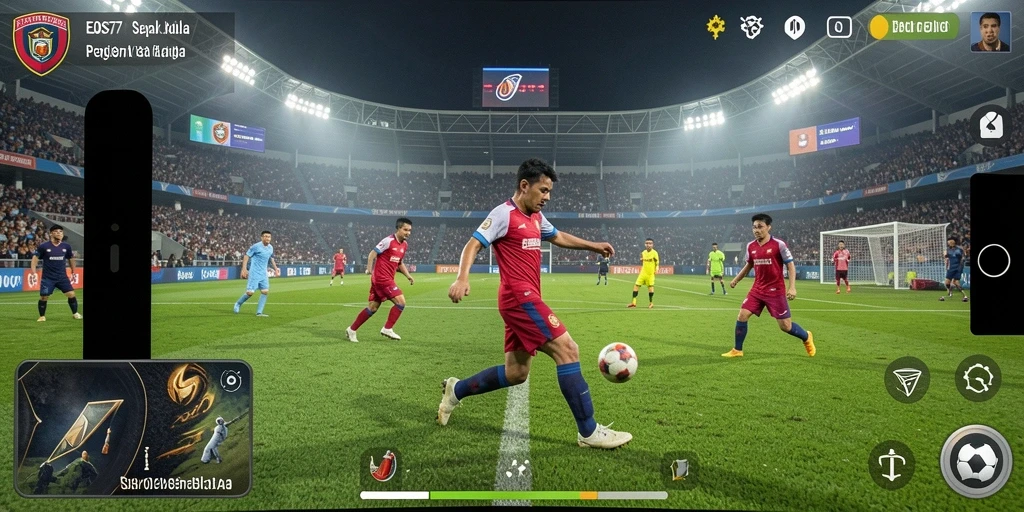 Gameplay EOS77 yang menampilkan aksi sepak bola yang mendebarkan.