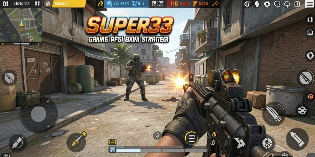 Screenshot utama SUPER33 menampilkan aksi tembak-menembak yang intens.